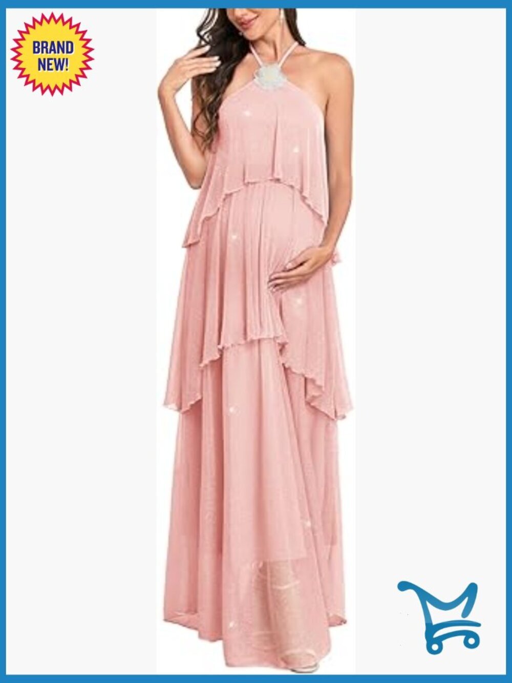Maternity Halter Neck Maxi Dress Sparkly Mesh Tiered Ruffle Gown with Flower
